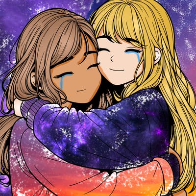 realistic two girls hugging