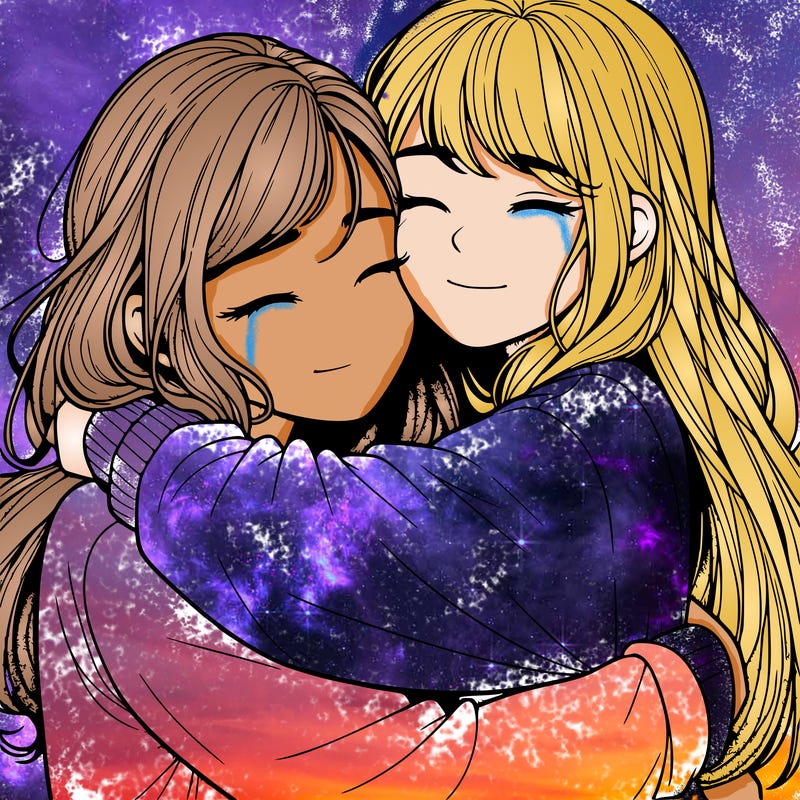 realistic two girls hugging