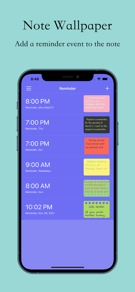 カラフルな付箋で表されるスケジュールされたリマインダーのリストを表示するモバイルアプリインターフェイス