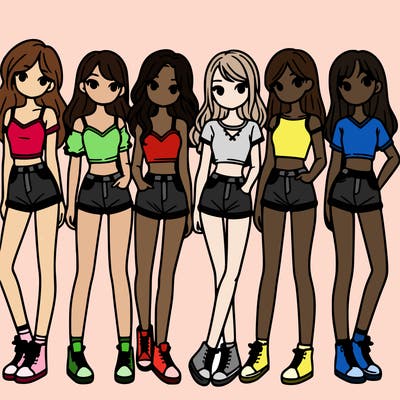 a group of girls wearing crop tops and shorts