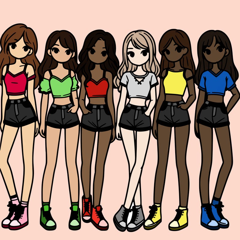 a group of girls wearing crop tops and shorts