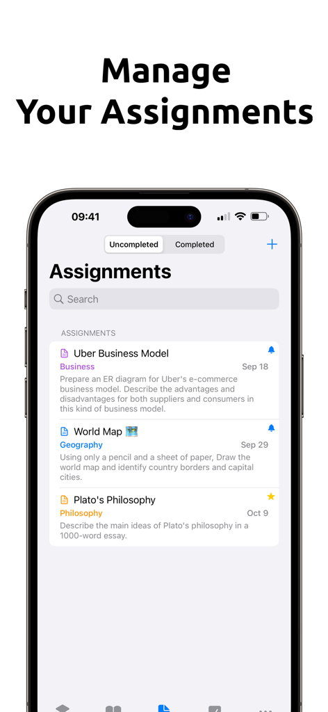School Planner - Timetable - Interface of the School Planner app displaying a list of academic assignments with deadlines and subjects.