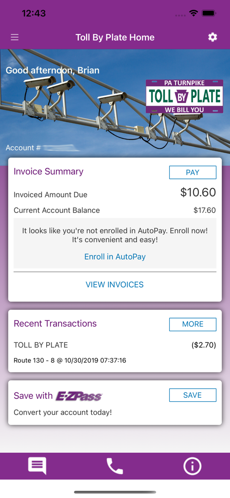 PA Toll Pay - PA Toll Pay app dashboard showing invoice summary and recent toll transactions