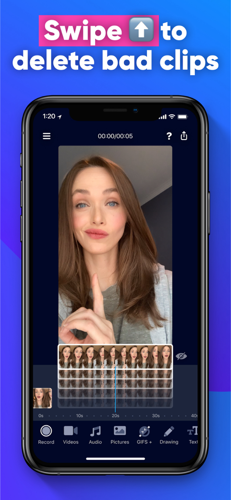 Smartphone screen showing VideoEasy app interface with a feature to swipe up to delete video clips.