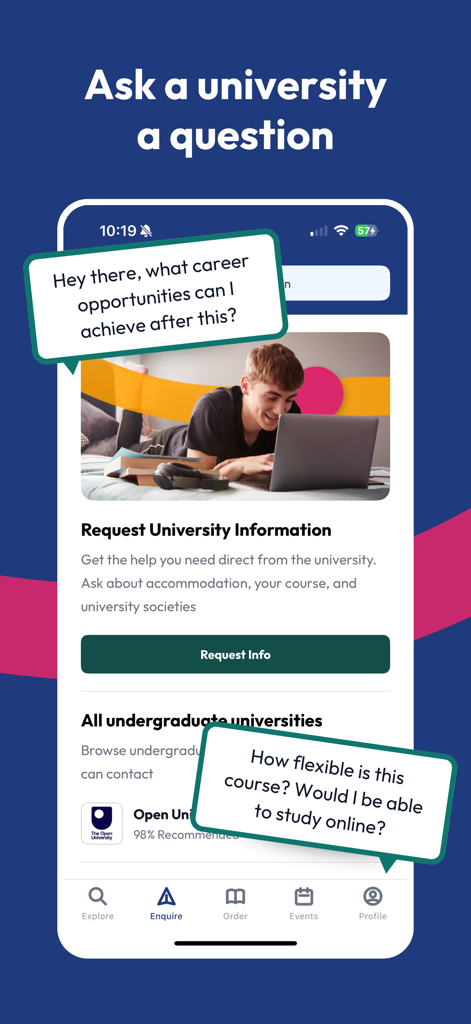 Interface of the Uni Compare app showing the feature to ask questions and request information from UK universities