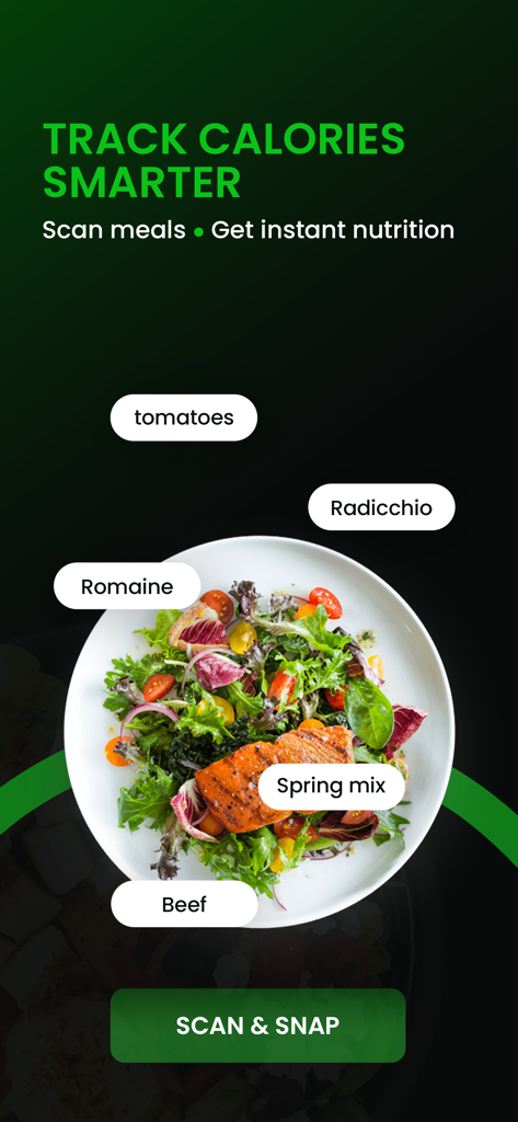 CalorieAI – Nutrition Tracker - Interfaz de la aplicación móvil de CalorieAI que muestra un escáner IA identificando ingredientes en un tazón de ensalada saludable