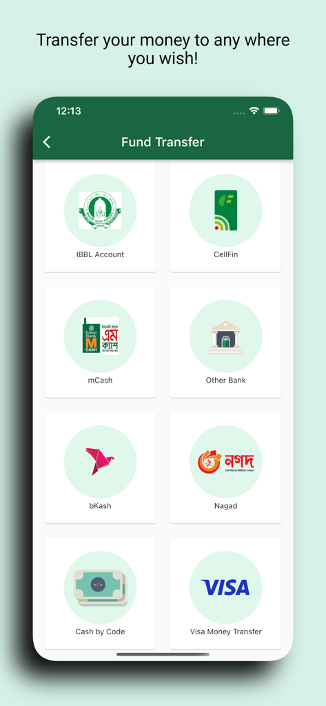CellFin App-Überweisungsbildschirm mit Optionen für IBBL-Konto, bKash, Nagad und andere Banküberweisungen