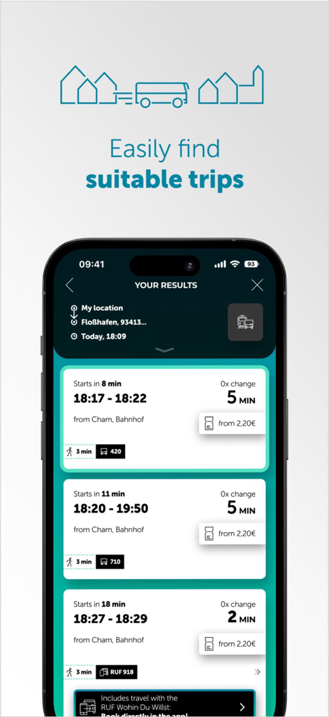 Wohin·Du·Willst - Wohin Du Willst app screen showing public transit search results with departure times and ticket prices in Germany