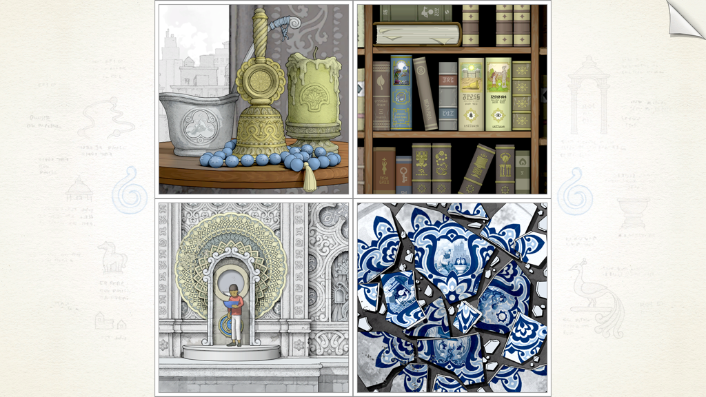 Gorogoa - Four artistic hand drawn puzzle panels from the game Gorogoa featuring a bookshelf and intricate architectural details