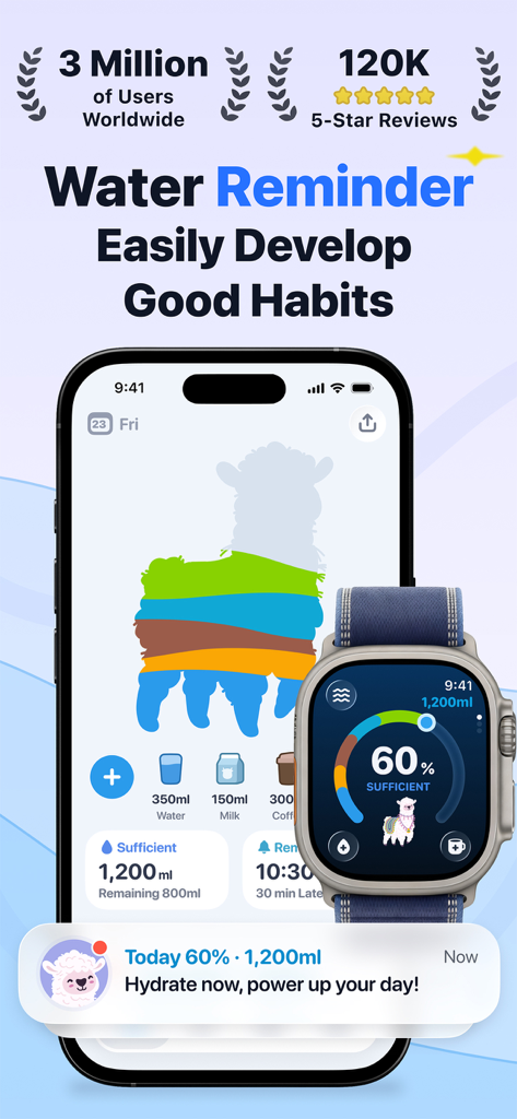 Water Tracker - Drink Reminder - Interface do aplicativo Water Tracker no iPhone e Apple Watch mostrando o progresso da hidratação e notificação de lembrete de bebida
