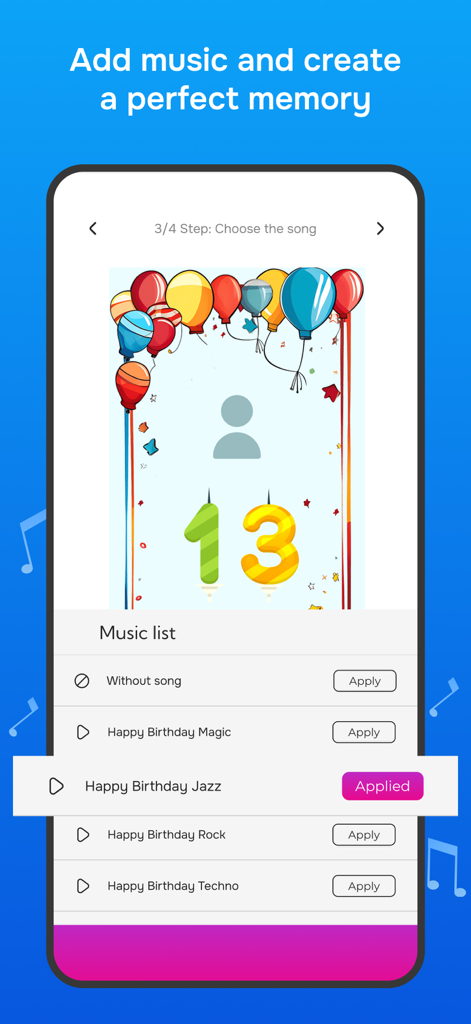 Interface showing music selection for a virtual birthday candle with options like jazz rock and techno