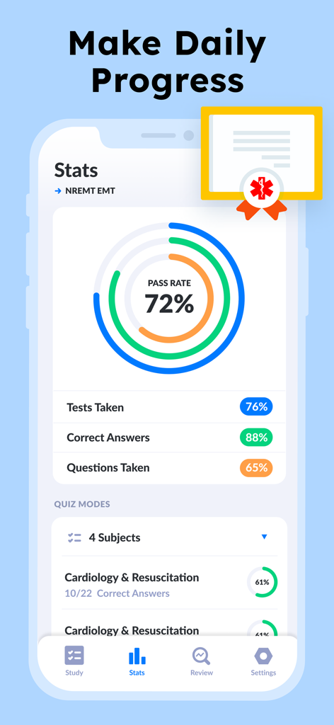 NREMT Prep. Medic Test 2026 - Écran des statistiques de l'application NREMT Prep affichant le taux de réussite et les analyses de performance pour les examens médicaux.