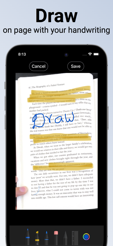 PDF document Scanner :Doc Scan - Dibujar y resaltar texto en un documento escaneado usando herramientas de escritura a mano.