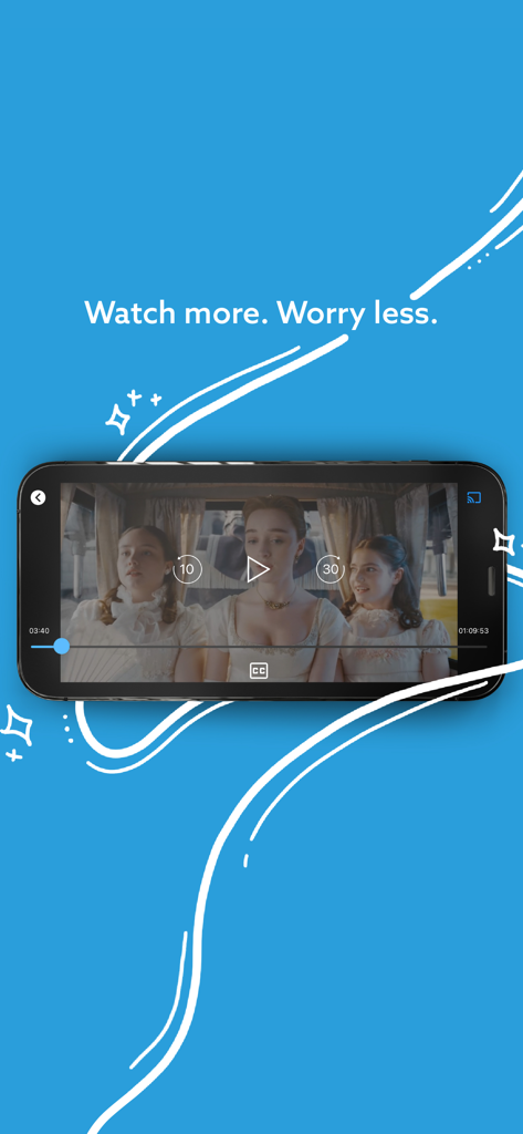Smartphone displaying the VidAngel app video player with the slogan Watch more Worry less