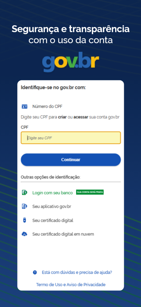 Tela de login do aplicativo Meu INSS usando credenciais gov.br