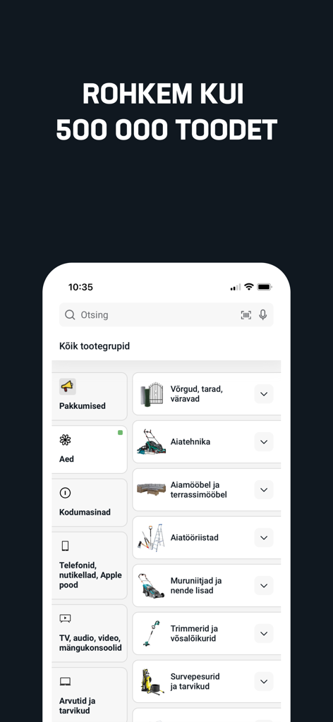 K-rauta e-pood app interface showing diverse product categories including gardening tools and electronics