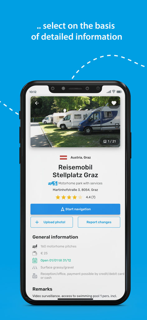 A detailed motorhome stopover listing in Graz Austria showing facilities and pricing on the Camperstop app