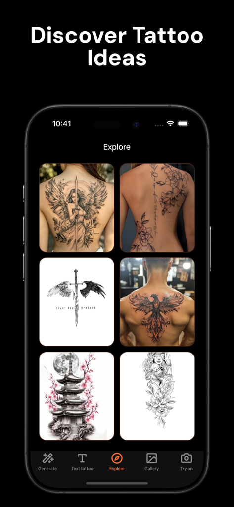 Tattoo AI Inc - モバイルアプリインターフェイス。ディスカバリーフィードにさまざまな芸術的なタトゥーデザインを表示。