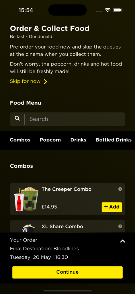 Mobile app screen showing movie snack options and popcorn combos for pre-order at Omniplex Cinemas.