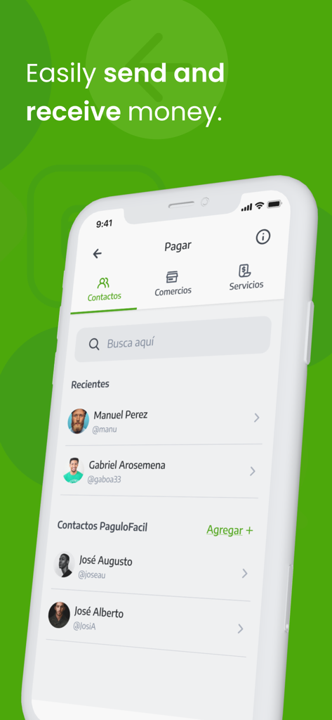 PagueloFacil - Pantalla de la app PagueloFacil mostrando la lista de contactos para transferencias de dinero rápidas y sencillas