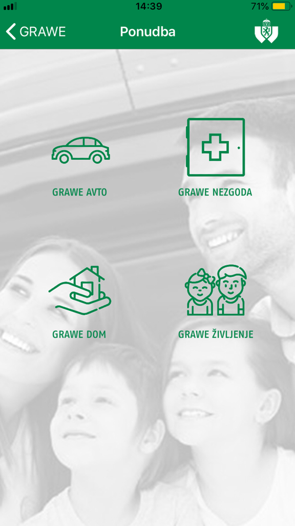 Interface of the GRAWE APP showing car accident home and life insurance options