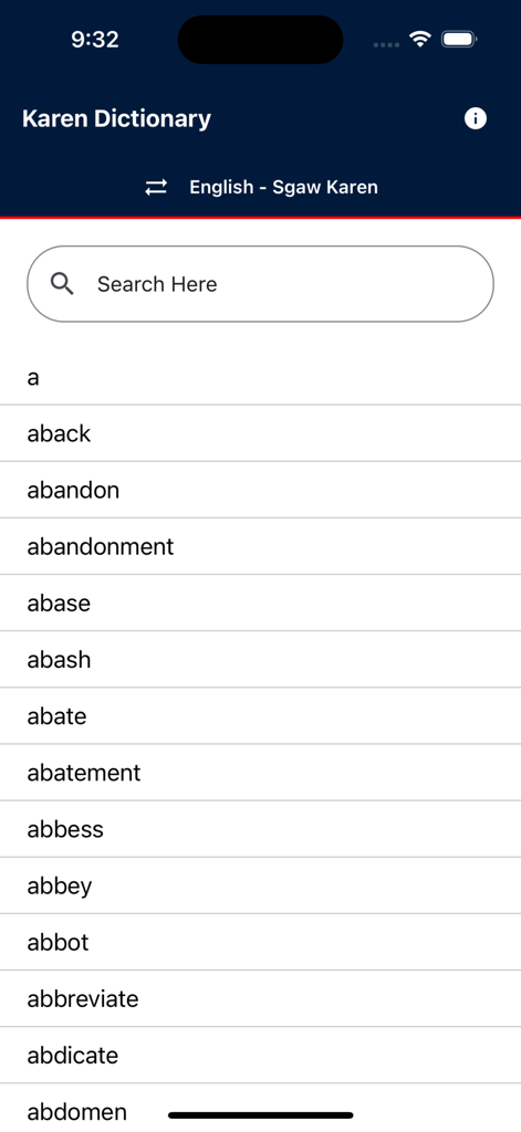 The Karen Dictionary - English to Sgaw Karen dictionary search screen with alphabetical word list