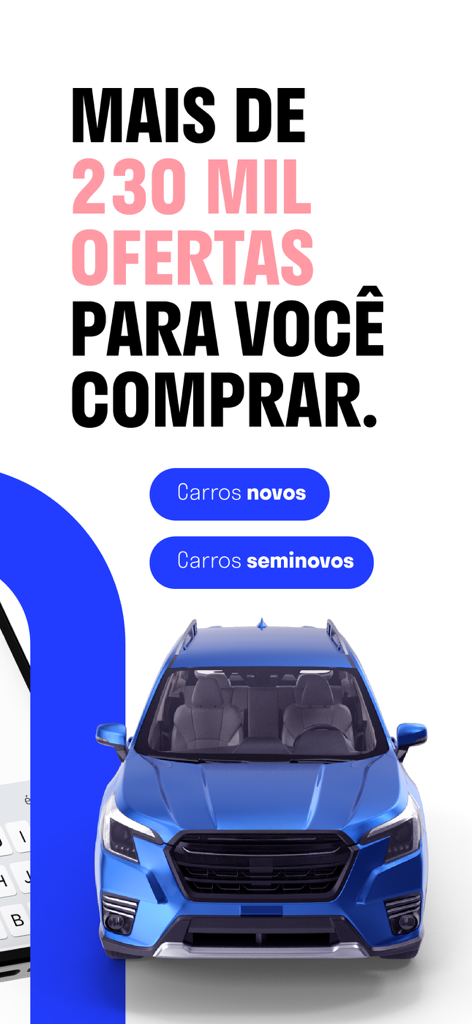 NaPista: comprar carros - Tela promocional do NaPista mostrando mais de 230 mil ofertas de carros e um SUV azul.