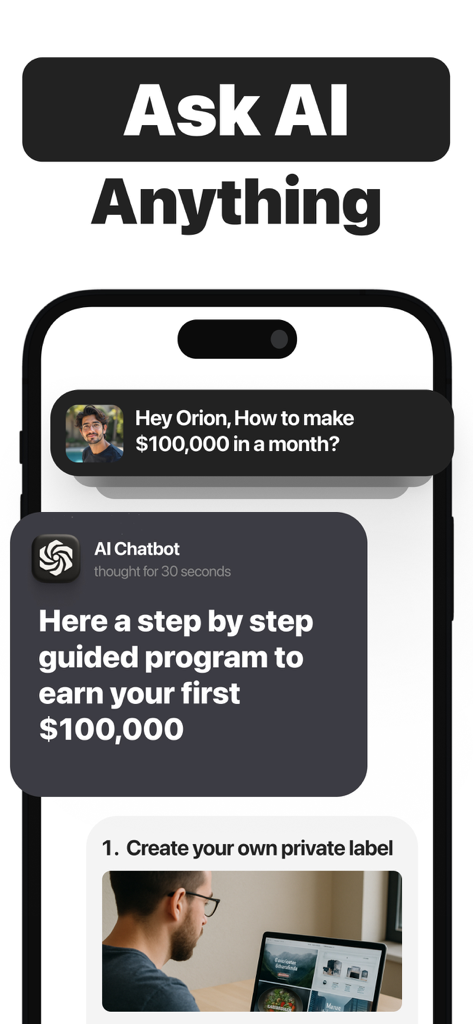 Orion AI - Chatbot Assistant - Orion AI chatbot app interface showing a user asking for business advice and the AI providing a step by step guide