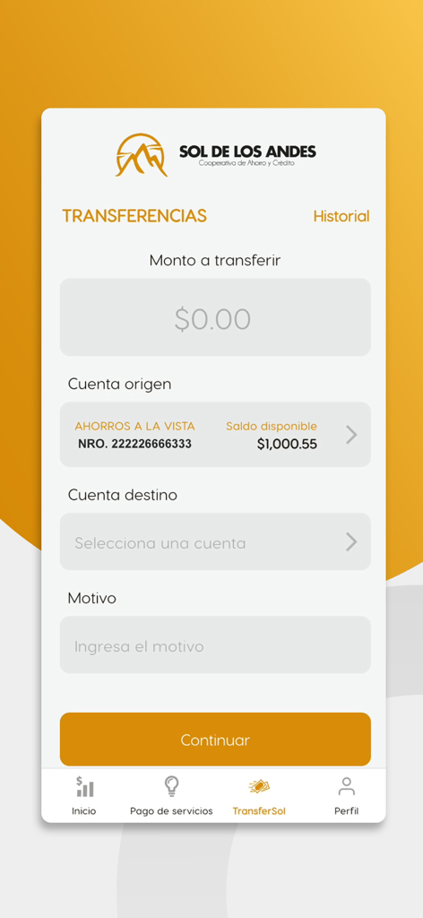 SOL APP - Pantalla de transferencias de la aplicacion SOL APP que muestra campos para monto y cuentas de origen y destino