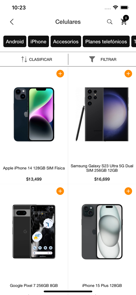 Catálogo de telefones celulares no aplicativo Doto exibindo vários modelos de smartphones e preços