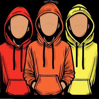 3 faceless people in  hoodies