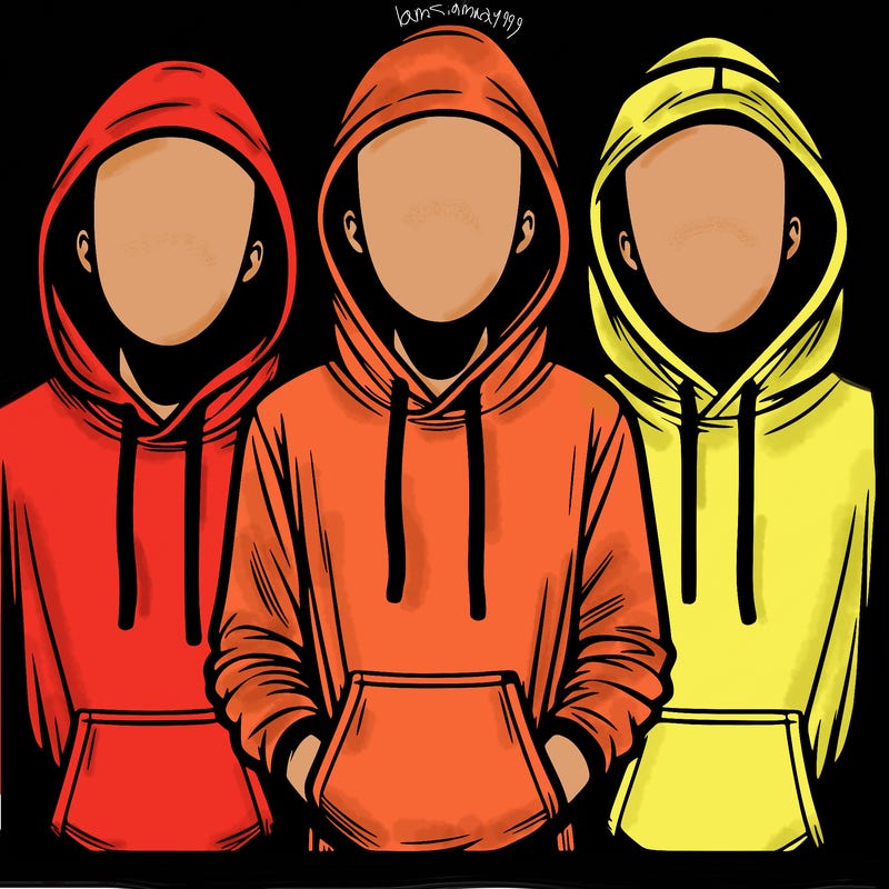 3 faceless people in  hoodies