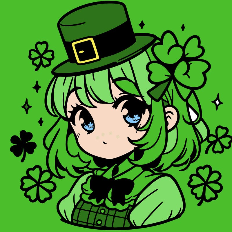 a manga-style girl with clovers around her, a little hat in her hair, like it's saint patrick's day
