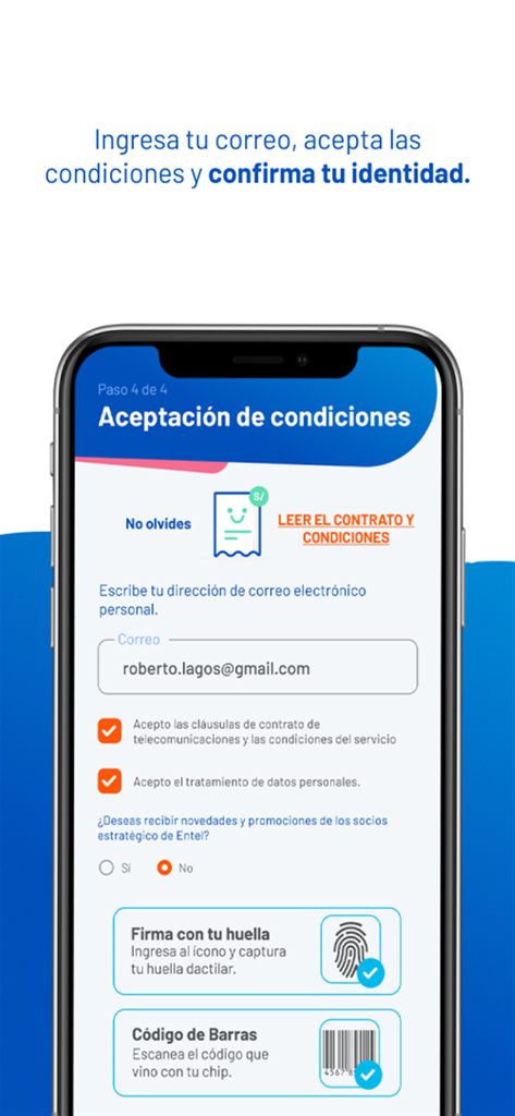 Activa tu chip Entel - Paso 4 de la aplicación de activación de chip Entel que muestra la aceptación de términos y la confirmación de identidad