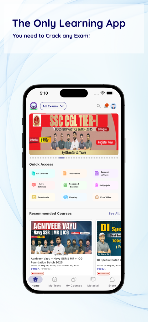 Khan Global Studies - Khan Global Studies mobile app home screen showing exam preparation courses and quick access menu