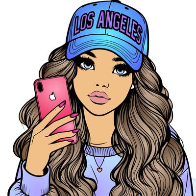 realistic beautiful girl wearing los ángeles cap holding an iphone