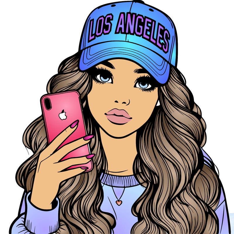 realistic beautiful girl wearing los ángeles cap holding an iphone