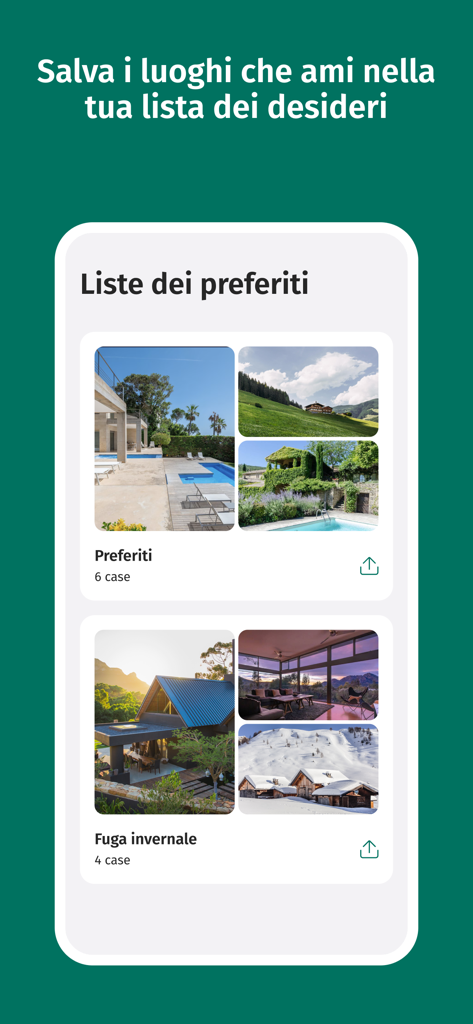 Interfaccia dell'app CaseVacanza.it che mostra elenchi di preferiti di affitti vacanze in Italia, tra cui ville e chalet di montagna.