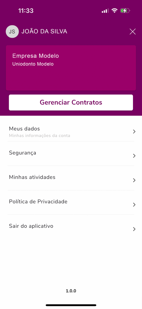 Uniodonto Beneficiário - User profile and settings screen of the Uniodonto Beneficiário app in Portuguese featuring menu options for account data and contract management.
