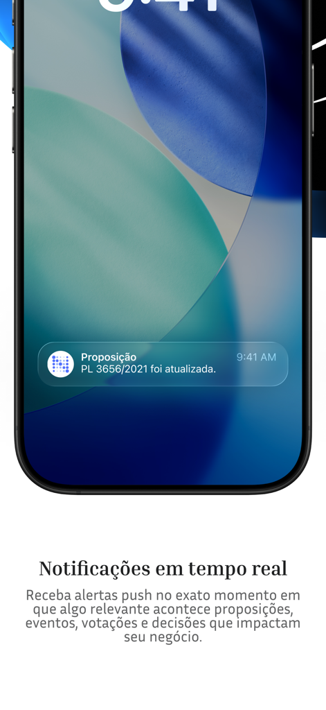 Nomos - Monitoramento Político - Smartphone screen showing a real-time push notification for a legislative update on the Nomos app.