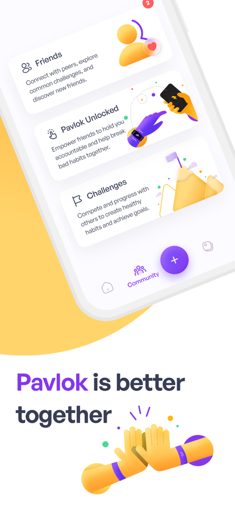 Pavlok - Pavlok app interface showing community features like friends, shared accountability, and habit challenges