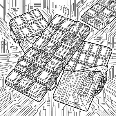 Unleash your creativity with this unique coloring page featuring decadent chocolate bars reimagined with a high-tech cyberpunk twist. Prepare to infuse vibrant colors into intricate wires, glowing circuits, and futuristic confectionery.