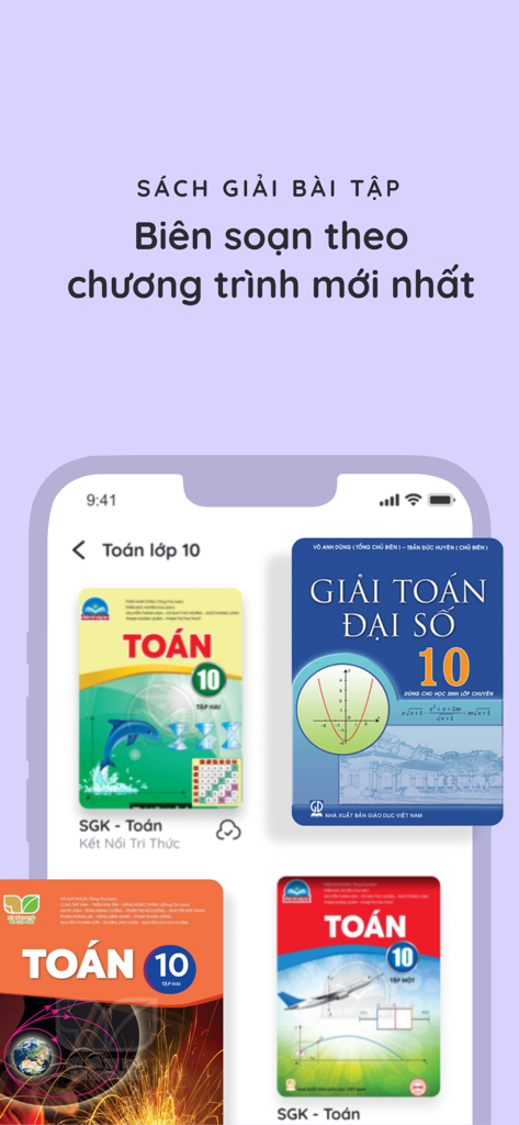 Dicamon - Giải Toán Lý Hóa Anh - Ein mobiler Bildschirm, der mathematische Lehrbücher und Lösungsleitfäden für die 10. Klasse aus Vietnam in der Dicamon-App anzeigt.