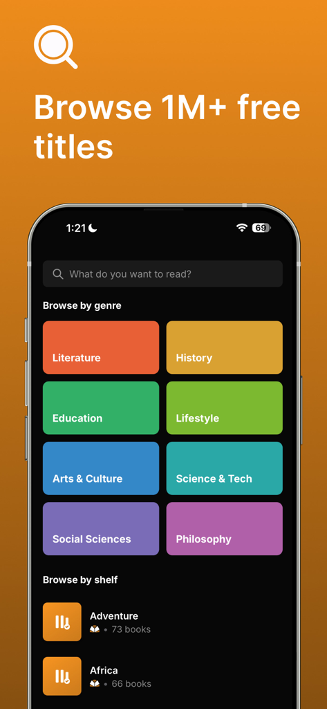 Lex Reader - Lex Reader app browse screen showing various categories like literature and history with a search bar