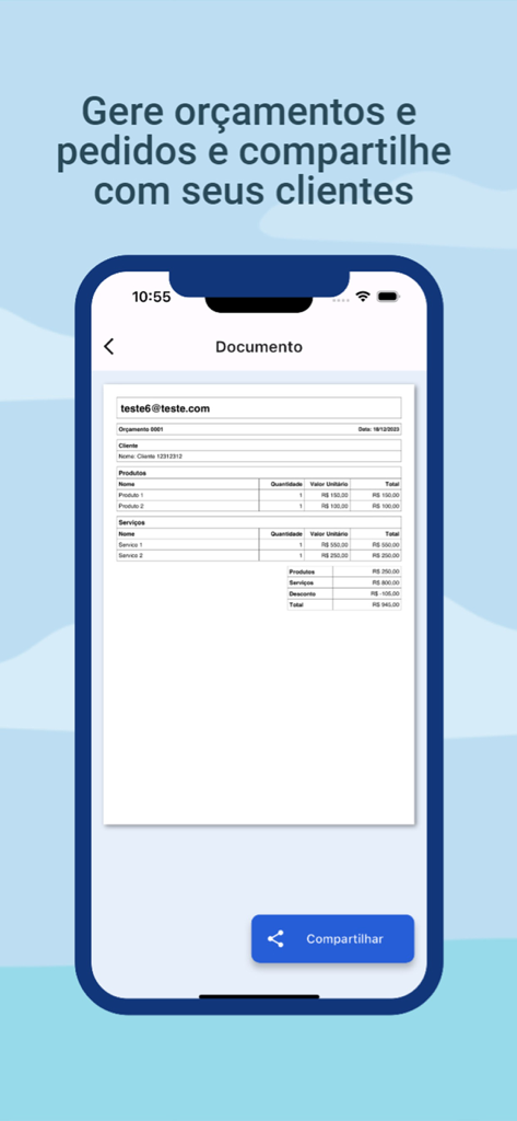 Venbook: Customers, Orders - Captura de tela do aplicativo Venbook mostrando um documento PDF gerado para orçamentos e pedidos em um dispositivo móvel.