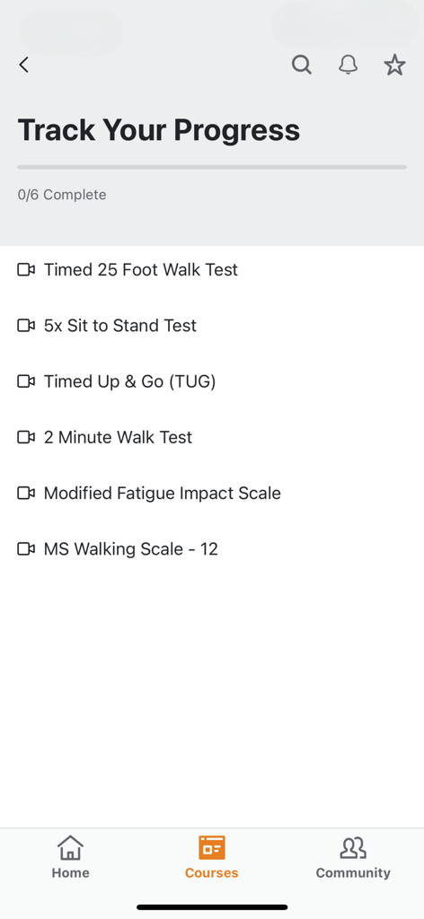Interface of The MSing Link app showing a list of MS-specific mobility and fatigue tests to track progress