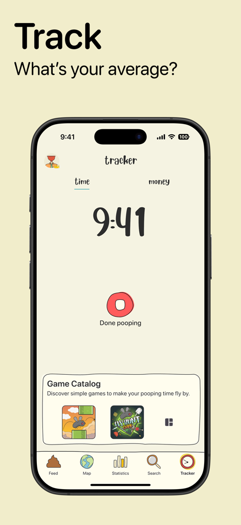 Interface of the Poopie app showing a timer for tracking bathroom sessions and a game catalog.