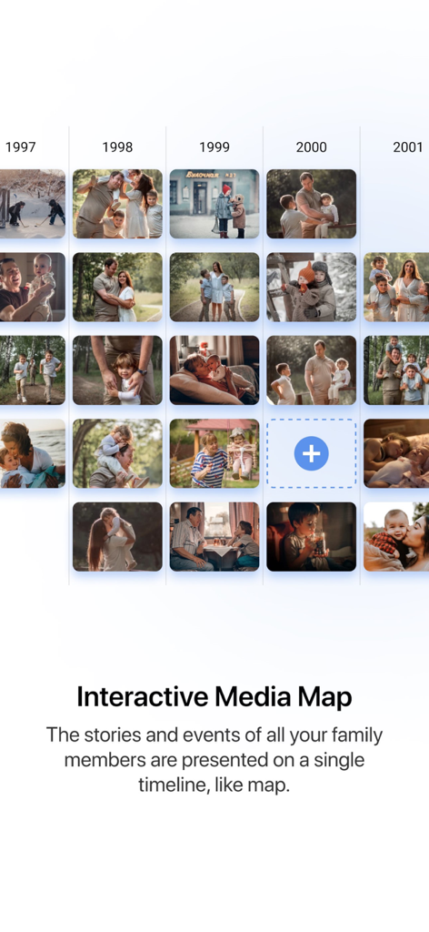 Family Legends - Grid of family photos organized by year on an interactive media map timeline