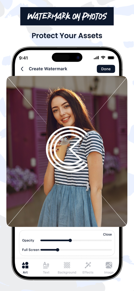 Add Watermark on Photosアプリのインターフェース。ポートレート上にロゴが配置され、不透明度設定が表示されています。