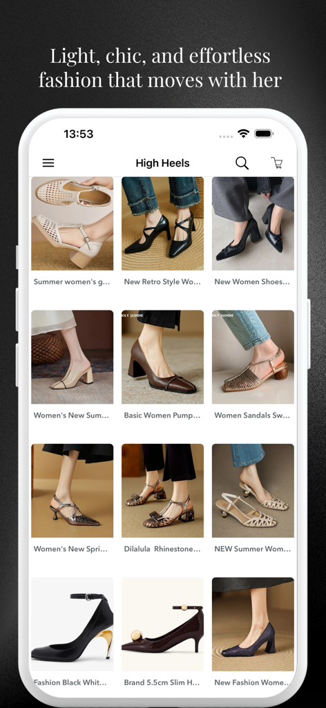 Women Shoes Shopping Fashion - Una cuadrícula de elegantes tacones y sandalias de mujer en una aplicación de compras móvil.